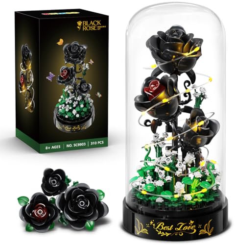 HiWEEGO Ensemble De Bouquet De Fleurs avec Lumières LED - Kit De 310 Blocs De Construction De Roses Noires avec Couvercle, Mini Briques Collection Botanique De Fleurs,Cadeau De Saint-Femmes Adultes
