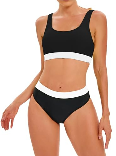Jugaoge Costume da bagno da donna, 2 pezzi, costume da bagno sportivo, in crop top, senza maniche, reggiseno incrociato con pantaloni bikini, slip brasile, bikini tankini, taglia: S-3XL, nero/bianco