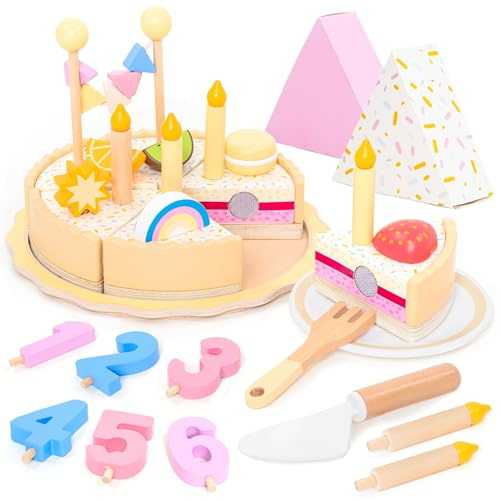 UMU® Wooden Birthday Cake Playset – Pretend Kitchen Toy with Candles Numbers Fruits & Toppings – Wooden Play Food for Kids Ages 3 4 5 – Role Play Party Toy for Girls & Boys