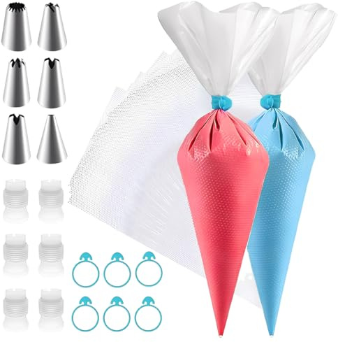 YUVKIN 100 bolsas de repostería desechables con 6 boquillas, 6 adaptadores y 6 bandas elásticas para decorar pasteles y galletas (20 x 30 cm)