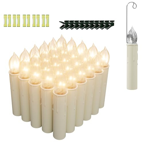 FIVMEN 30 candele a LED per albero di Natale, senza fiamma, con telecomando, funzionamento a batteria, luce bianca calda, con ganci, clip e batteria