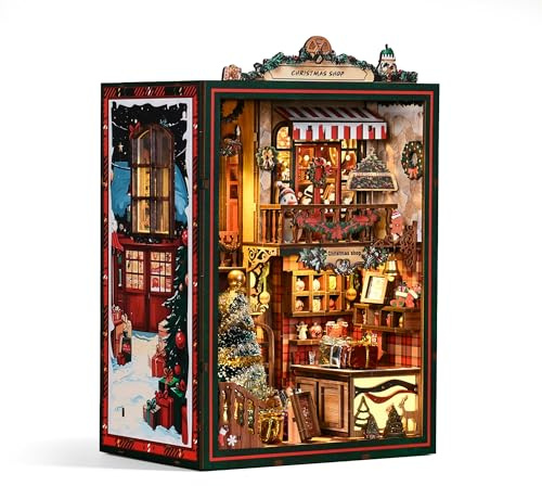 TUSEASY Kit de construction Book Nook de Noël - Miniature 3D en bois avec LED et boîte à musique - Sapin de Noël rotatif - Kit de bricolage pour adultes - Décoration d'étagère et idée cadeau