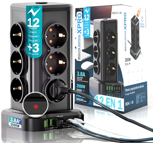 Regletas Enchufes 18 Puertos con Interruptor | Alargador | Regleta Enchufes con USB | USB 3 + 3 Puertos USB Tipo C | Enchufe Multiple | Torre enchufes Vertical | Cable de 3 M