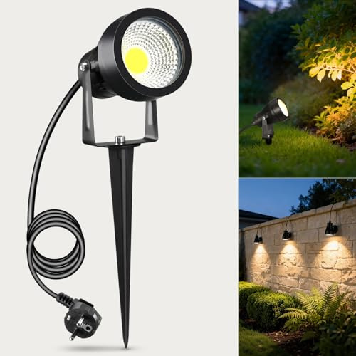 VivaLet Foco Exterior con Potencia & Punta de Tierra 7W 700LM, Lámparas de Jardín, Foco para Pared Exterior IP65, LED Luces Jardin 3000K para Paredes, Patios, Plantas, Cable de 2,5m