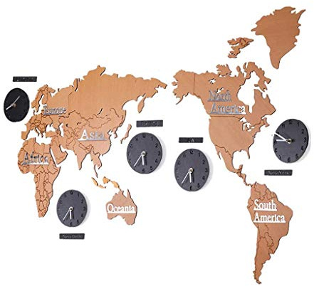 Reloj de Mapa Mundial, Reloj de Madera para decoración de Pared montado en la Pared para el hogar/Reloj de Pared DIY Reloj de Cuarzo silencioso con Pilas, con Marco Cubierta de Vidrio HD, para Oficina