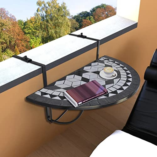 Runheo Tavolo sospeso da balcone con mosaico nero e bianco, semicircolare, in ferro e ceramica, con piano pieghevole, 76 x 38 cm, per ringhiere fino a 18 cm, ideale come tavolo da giardino, terrazza