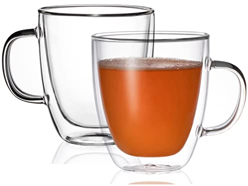 BothEarn Large Clear Coffee Mug Set of 2-19 Ounce (560 ml) Bistro Double Wall Jumbo Mug with Large Handle - Great for Latte, Cappuccino and Juice, BE026
