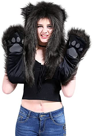3 in 1 Furry Animal Hood Hat Scarf Mittens Warm Plush Hoodie Cap with Earflaps Full Pockets Winter Faux Fur Cartoon Beanie Hat Earmuffs for Men Women