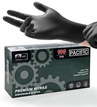 PACIFIC 6-mil Black Nitrile Disposable Gloves, Food-Safe, Powder-Free, Cleaning, Textured Fingertips, Latex-Free, Large