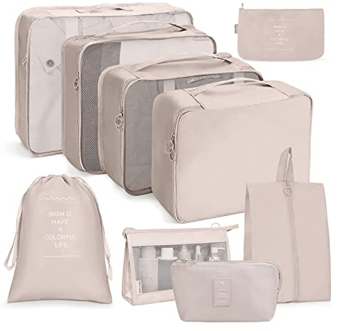 OSDUE Koffer Organizer Set 9-teilig, Packing Cubes, Wasserdichte Reise Kleidertaschen, Packtaschen für koffer, Verpackungswürfel mit Kosmetiktasche, Digitale Tasche, USB Kabel Tasche (Beige)