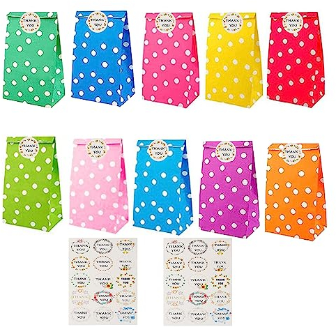 20 Stück Papiertüten, Bunte Geschenktüten mit 30 runden Aufklebern, 10 Farben Mitgebsel Tüten candybar tüten für Hochzeit, Kindergeburtstag,Geschenken,Partyzubehör,Giveaways