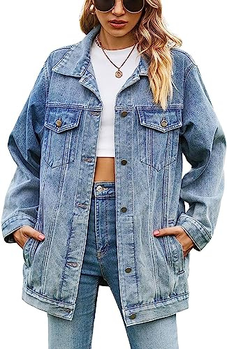 Lazutom Dam mellanlång överdimensionerad denimjacka Button Down pojkvän Jean Biker Coat