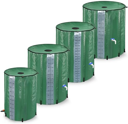 XINZI Faltbare Regentonnen 380 Liter Tragbarer Wasserauffangbehälter Regenwassertonne Wassertank mit Wasserhahn und Ablauf Regenfass zum Sammeln von Regenwasser (Grün mit Wasserstandsskala)