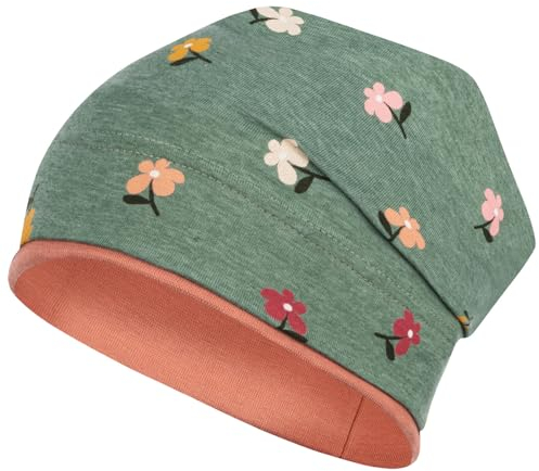 Smarilla Mädchen Mütze Übergangsmütze Beanie Blumen Frühling Herbst Baumwolle, Bekleidungsgröße: 50-52, Farbe: Grün-Rost