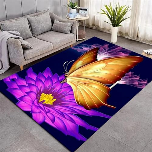 Weicher Esszimmerteppich Im 3D-Druck Fantasie-Schmetterling, Insekt, Motte, Lila Blume 100 X 200 Cm / 39.37 X 78.74 - Rutschfester Teppich Mit Niedrigem Flor - Heimtextilien-Fußmatte - Anti-Fle -0J3