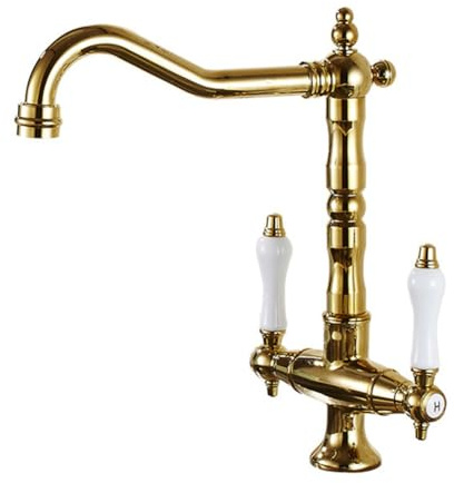 Wasserhahn Küche - Küchenarmatur Retro Antik Stil Messing 2 Hebel 360° Schwenkbar Spültischarmatur Mischbatterie, Hoher Auslauf Armatur Küche, Gold