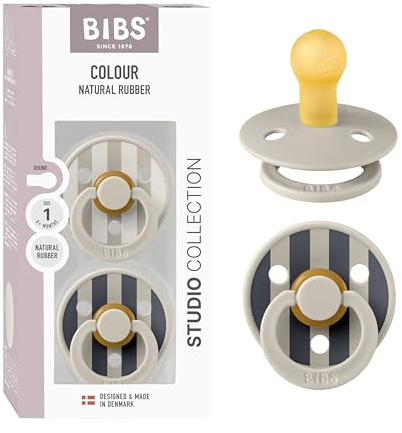 BIBS Pacifiers - Colour Studio 2 Pack | Round Nipple Baby Pacifier | BPA Free Natural Rubber Latex Soother | Made in Denmark | Size 0+ Months | Block Sand