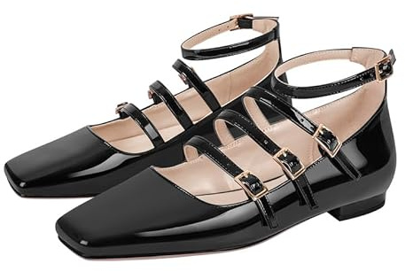 MissHeel Ankle Strappy Pump Sandals Square Toe Fashion Mary Jane Kitten Heels Flat Shoes for Women Triple Buckle Bands Daily Shoes Black Size 13