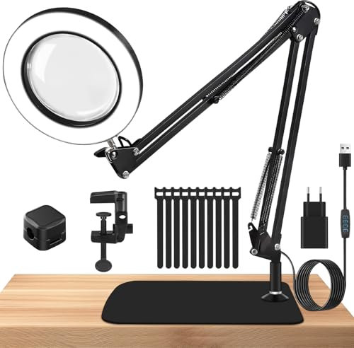 ZOBMIO 3-in-1 Lupe mit Licht,10X LED Lupenleuchte,Verstellbare Arm Lupenlampe Kosmetik mit 3 Modi Farben und Stufenlos 10 Dimmbaren, LED Schreibtischlampe für Reparatur Heimwerker Hobbyarbeiten