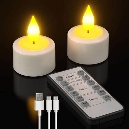 Yme Velas de Té LED Recargables USB, 2 Piezas Vela LED Efecto Llama Velas Electricas Decorativas con Mando a Distancia para Halloween Navidad Fiesta Hogar Cara Decoración
