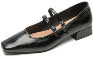 100junzidao Las Mujeres de tacón bajo Simple Mary Jane Zapatos Negro Torpe Zapatos de Cuero Square Toe Shallow Mouth Bombas Adolescente Francés Colegio Estilo con Vestidos