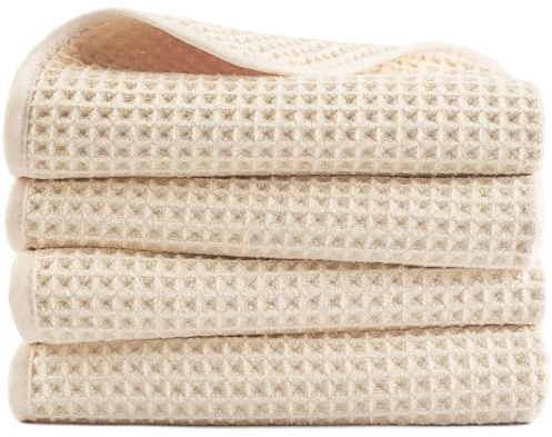 POLYTE Handduk Mikrofiber Våffel Snabbtorkande 430 GSM 40,6x76,2 cm | 4-pack, överdimensionerad, luddfri, snabbtorkande, hängande slinga