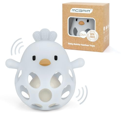 MCGMITT Baby Greifball Beißring aus BPA-freiem Silikon – Hühnchen-Rasselspielzeug Sensorik Motorik Spielzeug ab 3 6 9 Monaten Leicht zu Greifen Weich & Sicher Montessori Geschenkidee für Babys -Blau