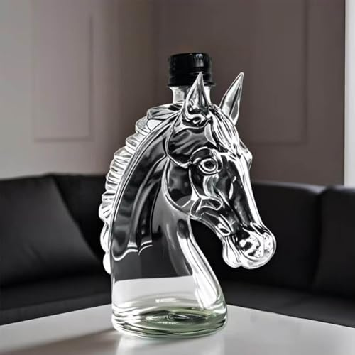 Horse Head Whisky Decanter - Crystal Clear Glass Bottle with 3D Realistic Carving | Vintage Design | Multi-Purpose Animal Statue Decanter for Whisky, Wine & Home Bar Decor (350 ml)
