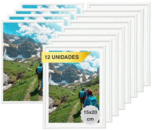 MARCOFOTO Set de 12 Marcos de Fotos - Marco Para Cuadros - Marco de Fotos - Marcos Fotos Pared con Cristal - Marco Fotos - Marcos de PVC - Color Blanco 15X20