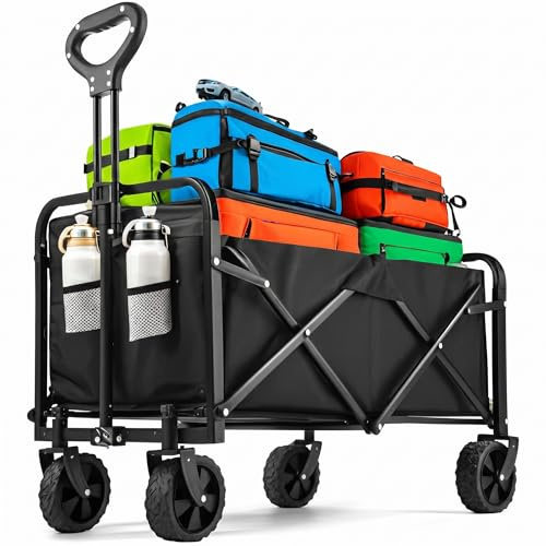 Hopfällbar rullvagn, 100 l, vikbar rullvagn med 360° vridbara terränghjul, justerbart handtag, 2 nätfickor, 75 kg, lastbil, handvagn för strand, camping, vandring, shopping (svart)