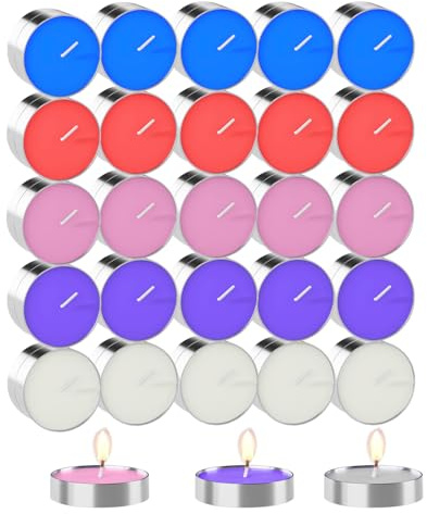 50 Pezzi Lumini Tealight | Lumini Colorati | 2 ore di combustione | Inodore | Cinque colori | Per Natale, San Valentino, Festa della Mamma, anniversari, Ringraziamento, Pasqua, matrimoni, ecc