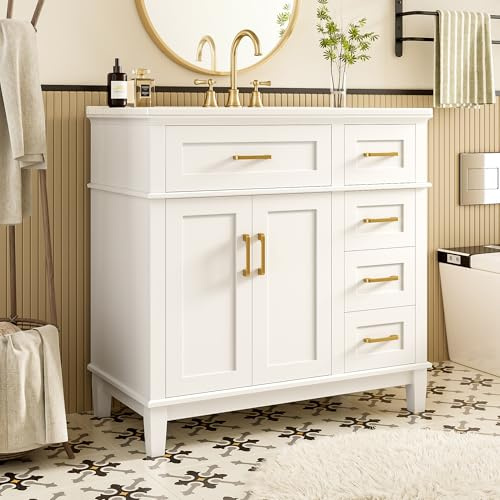 Armadietto da bagno 90 x 46 x 87 cm, laccato bianco, silenzioso, maniglia pieghevole, doppio armadio, gambe in legno massiccio, maniglie dorate, lavabo in ceramica integrato