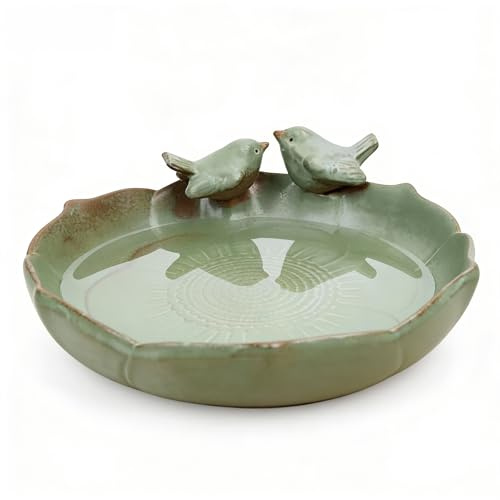 Bagno per Uccelli, 24 x 5,3 cm Abbeveratoio per Uccelli con Due Piccole Decorazioni a Forma di Uccello Bagno per Uccello Rotondo in Ceramica Smaltata Vintage per Giardini Cortili Balconi e Prati