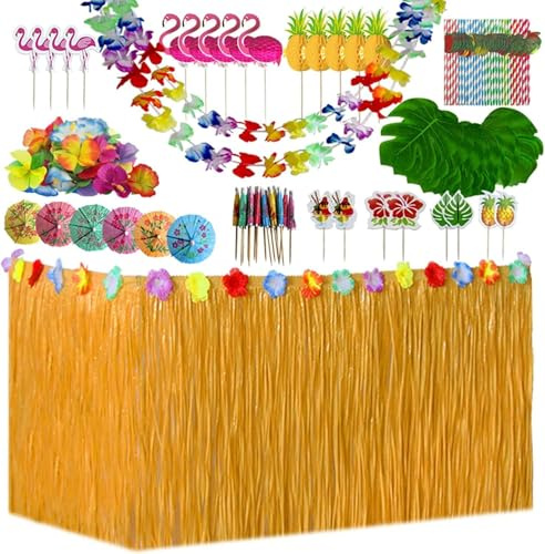 156 Pcs Hawaiano Luau Falda de Mesa Set de Decoración, Fiesta Hawaiana, Decoración para Tarta con Flores Hawaianas de Hoja de Palma, Perfecta para la Playa de Verano y Fiestas Temáticas Hawaianas