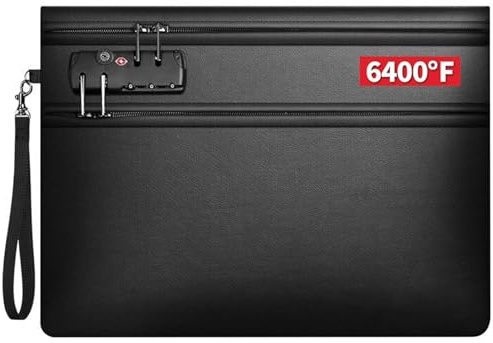 6400°F Fireproof Document Bag with Lock, Waterproof 12-Layer Heat Insulated Fireproof Cash Bag, Dual-Zip Compartments Fireproof Money Bag for Cash, A4 Files, Receipts, Passports, Bills - Document Safe