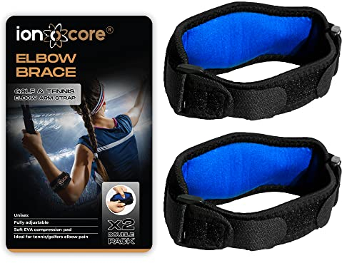 ionocore - Tutore epicondilite gomito, Pacco da 2 - Tutore Gomito Epicondilite leggero e regolabile - Gomitiera per epicondilite con cuscinetto di compressione in EVA - Unisex, Taglia unica