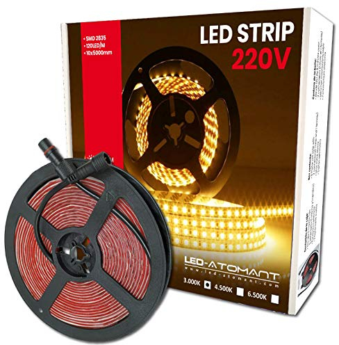 LED ATOMANT Rotolo da 5 metri di Striscia LED Diretta a 220V, 12W/m, Colore Bianco Caldo (3000K), Impermeabile (IP65), Taglio ogni 10cm