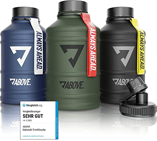ABOVE. Edelstahl Trinkflasche 1.3L / 2.2L – BPA-frei, Auslaufsicher & Robust – 2L Metallflasche mit Extra Trinkverschluss für Sport, Fitness & Outdoor I hochwertige Geschenkbox (Blau, 2.2L)