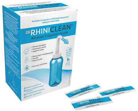 RHINICLEAN Kit pour irrigation nasale - 1 dispositif, 10 sachets de sel pharmaceutique made in france - Kit Lavage de Nez & Sinus -Neti Pot/Douche Nasale -Dès 4 ans