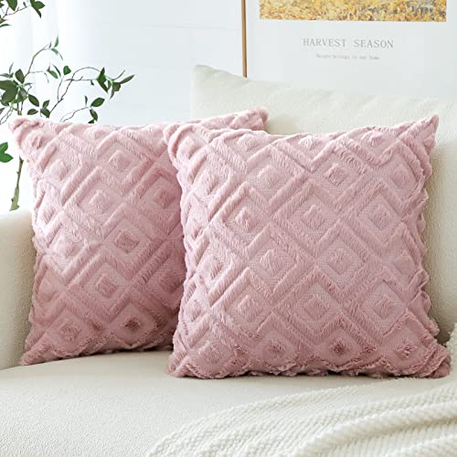 Artscope 2er Set Wolle Kissenbezüge Weicher Plüsch Kurzer Wollsamt Dekokissenbezuge Luxuriöses Sofakissen Boho Kissenhülle für Sofa Schlafzimmer Geometrische Rosa, 50x50cm