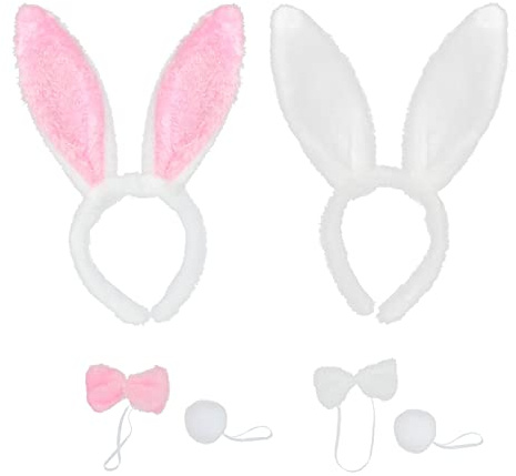 TSHAOUN 2 set kanin cosplay kostym tillbehör kaninöron pannband svans, djur kostym set, kanin kostym set pannband fluga svans för barn vuxna karneval fest (vitrosa)