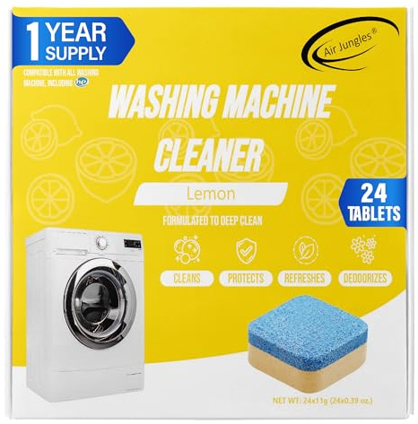 Air Jungles Pastillas limpiadoras de lavadora, 24 unidades, aroma a limón, limpieza profunda, removedor de suciedad, tambor y tina de lavadora de lavandería, compatible con lavadora de carga frontal y