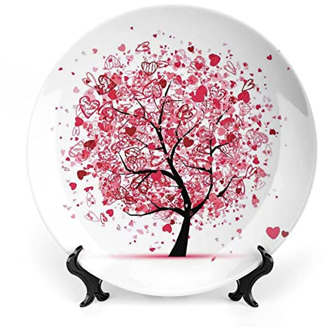 8 Inch Decorative Plate, Tree of Life Tableware Plate, Ornate Valentine Tree with Swirling Hearts Doodles Love Print Ceramic Display Plate for Ornaments Giving Plates, 1 Plate with 1 Display Stand