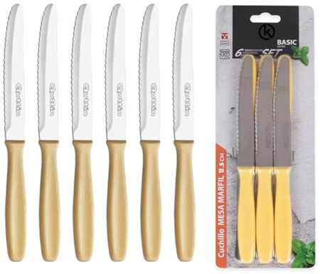 KROWN - Set 6 Cuchillos de Mesa Marfil 12,5cm Juego de 6 Cuchillos de Carne. Mango Negro Resistente y Duradero. Cuchillo Apto para Mesa Carne, Pelador, Cocina.
