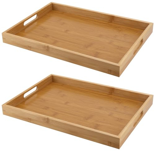 HEIHAK 2 Pack Large Bamboo Serving Tray with Handles, 41 x 29 x 4cm Rectangular Wooden Platters Tray, Wooden Serving Trays for Tea, Coffee, Breakfast, Snack
