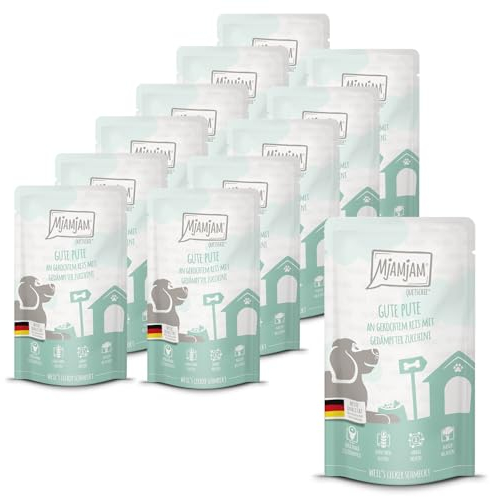 MjAMjAM - Premium Nassfutter für Hunde - Quetschie - Gute Pute an gekochtem Reis mit gedämpfter Zucchini, 12er Pack (12 x 125g), glutenfrei mit extra viel Fleisch