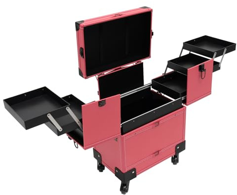 Valigetta per cosmetici, trolley professionale, grande, con specchio e rotelle, richiudibile, per trucchi, parrucchieri, ecc. (rosa), Colore: rosa., Valigetta per cosmetici trolley