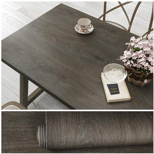 VEELIKE Ash Brown Wood Wallpaper Vintage Dark Brown Wood Effect Sticky Back Plastic Self Adhesive Contact Paper Vinyl Wrap for Furniture Bedroom Vinyl Cabinet Cover Table Waterproof 40cm×300cm