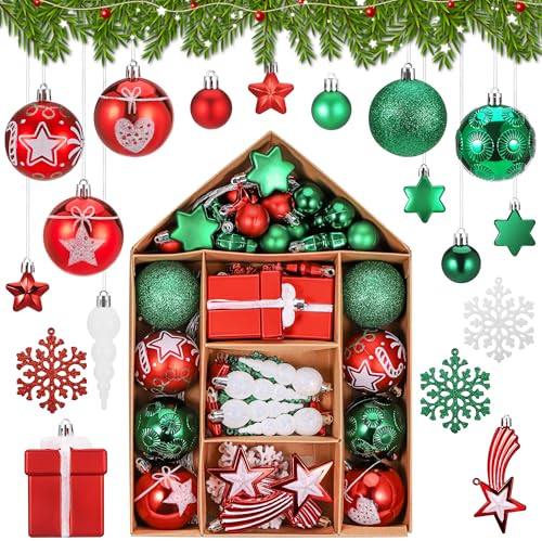 Hejo 70 Pcs Adornos Arbol Navidad, Bolas de Navidad Rojo Verde y Blanco, Decoración de Navidad para El Arbol, Juego de Bolas de árbol de Navidad, Resistente Rotas Baratijas de Navidad(3cm-11cm)
