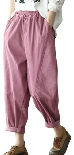 chouyatou Womens Fall Winter Loose Corduroy Pants Elastic High Waisted Straight Leg Trouser with Pockets (X-Small,Pink)